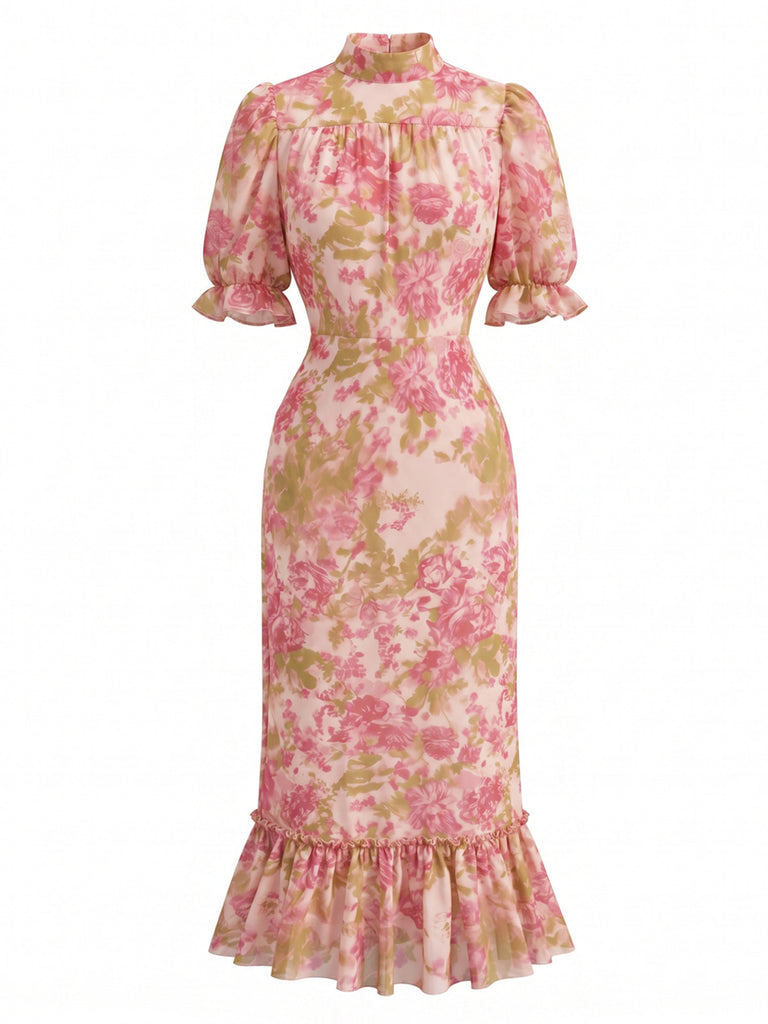 Red 1930s Vintage Floral Ruffle Dress 3