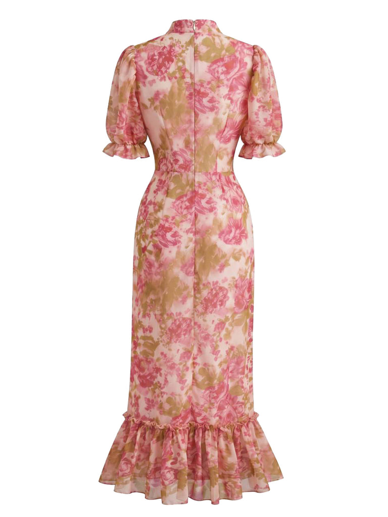 Red 1930s Vintage Floral Ruffle Dress 4