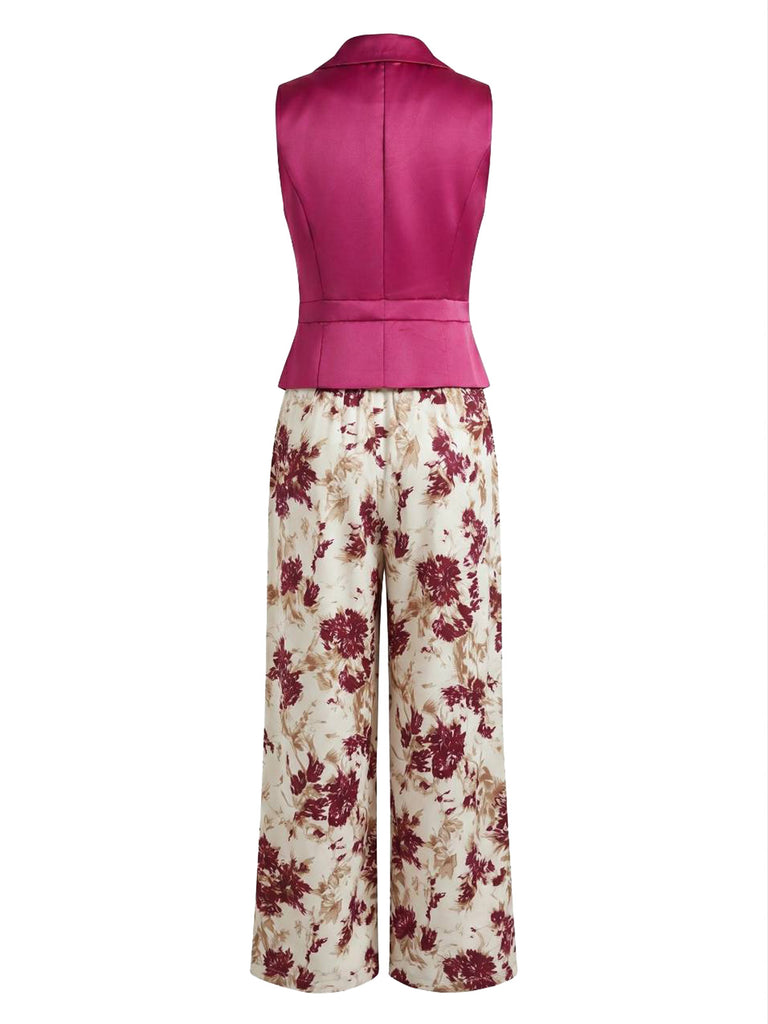 Purplish Red 1950s Vintage Floral V Neck Two Piece Set 2