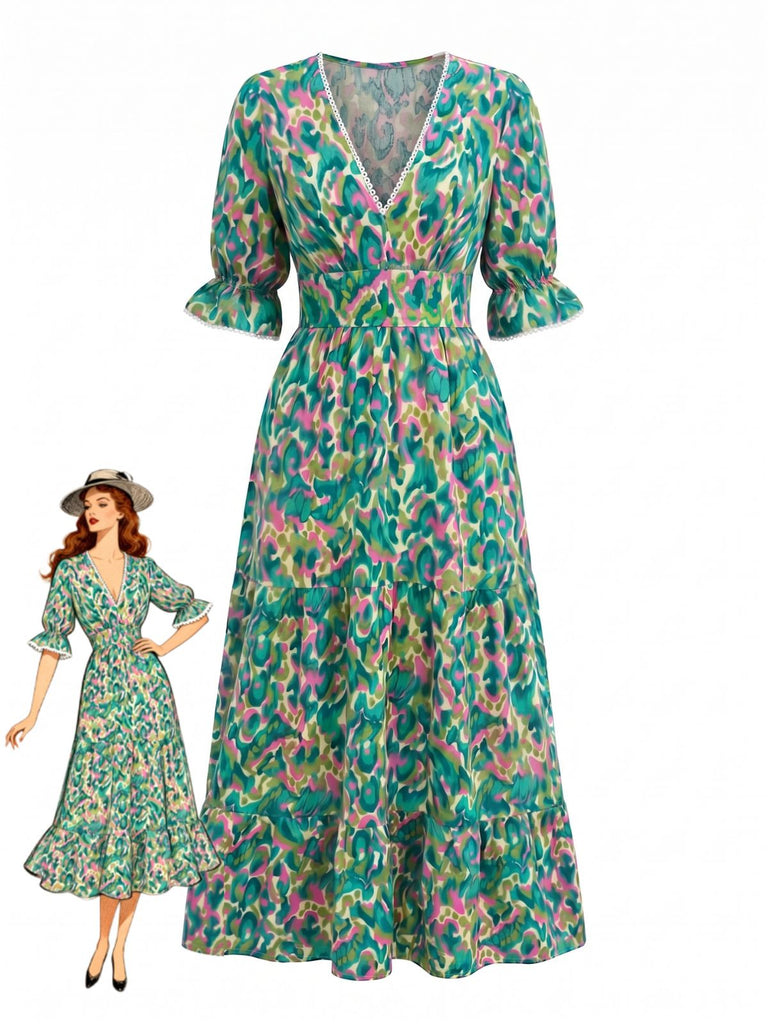 Green 1970s Abstract Floral V-Neck Smocked Tiered Maxi Dress