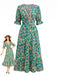 Green 1970s Abstract Floral V-Neck Smocked Tiered Maxi Dress