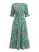 Green 1970s Abstract Floral V-Neck Smocked Tiered Maxi Dress