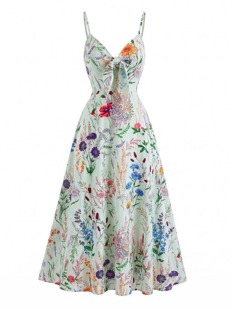 1930s Floral V-Neck Bohemian Bow-Front Slip Dress