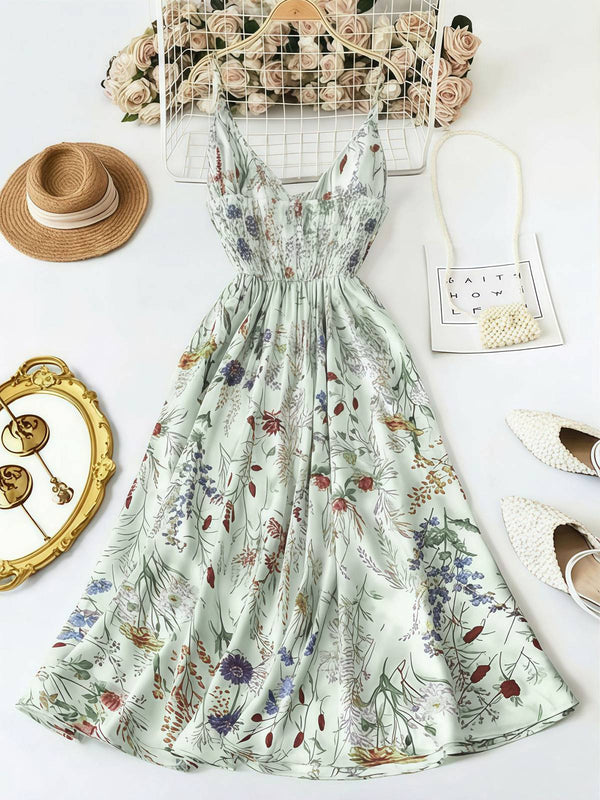 1930s Floral V-Neck Bohemian Bow-Front Slip Dress