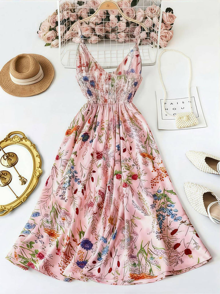 1930s Floral V-Neck Bohemian Bow-Front Slip Dress 1930s Floral V-Neck Bohemian Bow-Front Slip Dress