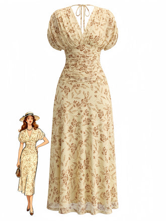 Yellow 1940s Vintage Floral V Neck Dress 1