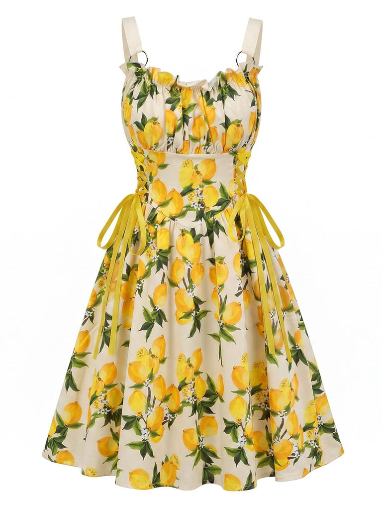 Blue 1950s Ruffled Square Neck Sleeveless Floral Swing Dress