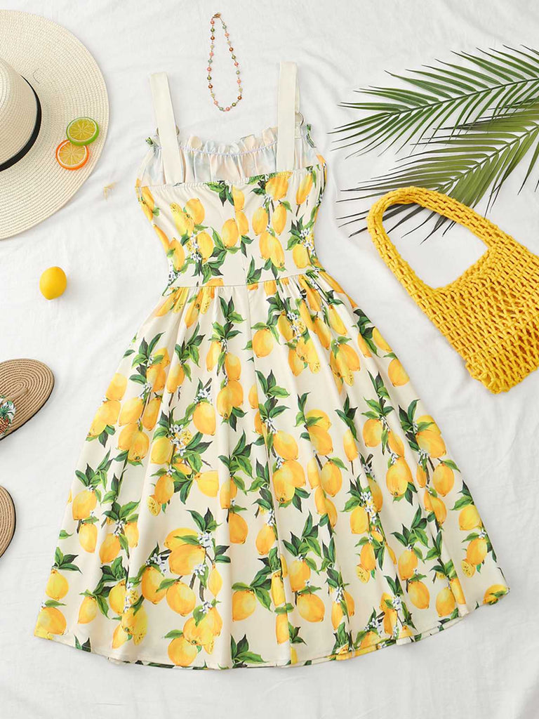 Blue 1950s Ruffled Square Neck Sleeveless Floral Swing Dress