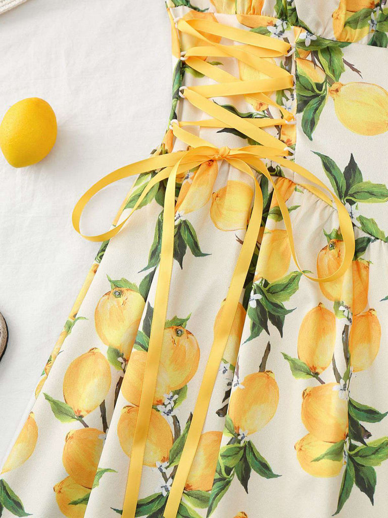 Blue 1950s Ruffled Square Neck Sleeveless Floral Swing Dress