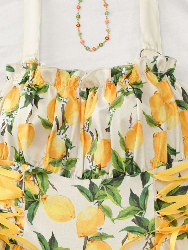 Blue 1950s Ruffled Square Neck Sleeveless Floral Swing Dress