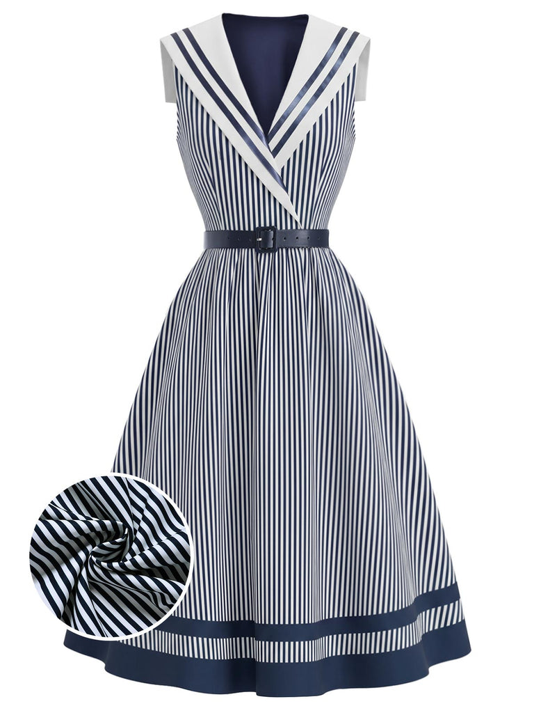 [Pre-Sale] Blue 1940s Striped V-Neck Dress