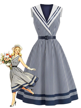 [Pre-Sale] Blue & White 1940s Sailor Shawl Collar Striped Belted  Dress
