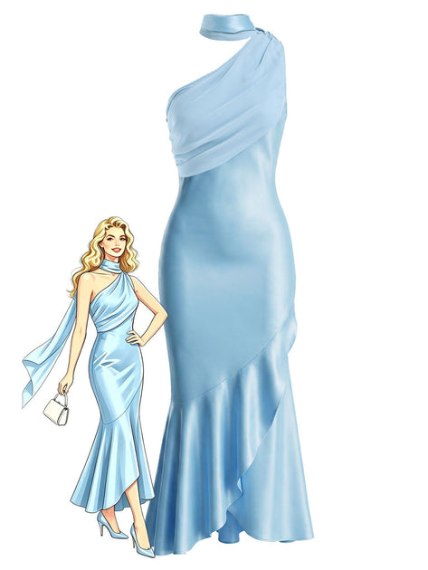 blue satin one shoulder dress Pre-Sale] Blue 1930s Satin One-Shoulder Halter Ruffle Mermaid Dress