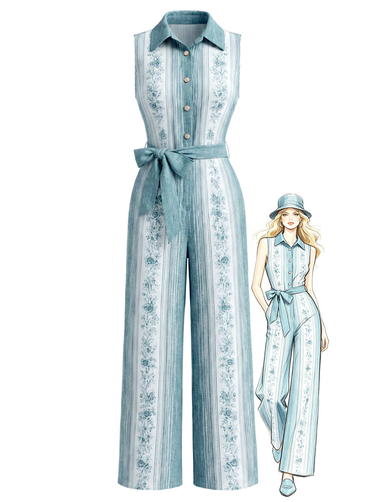 [Pre-Sale] Light Blue 1970s Vintage Floral Striped Jumpsuit 1