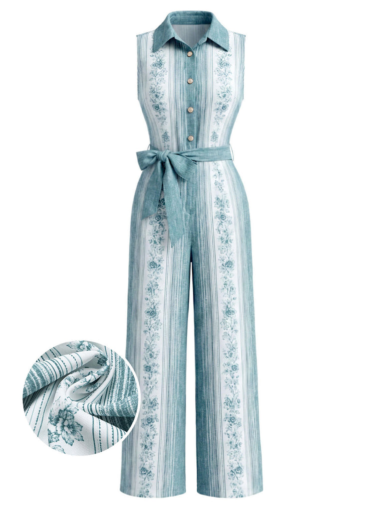 [Pre-Sale] Light Blue 1970s Vintage Floral Striped Jumpsuit 2