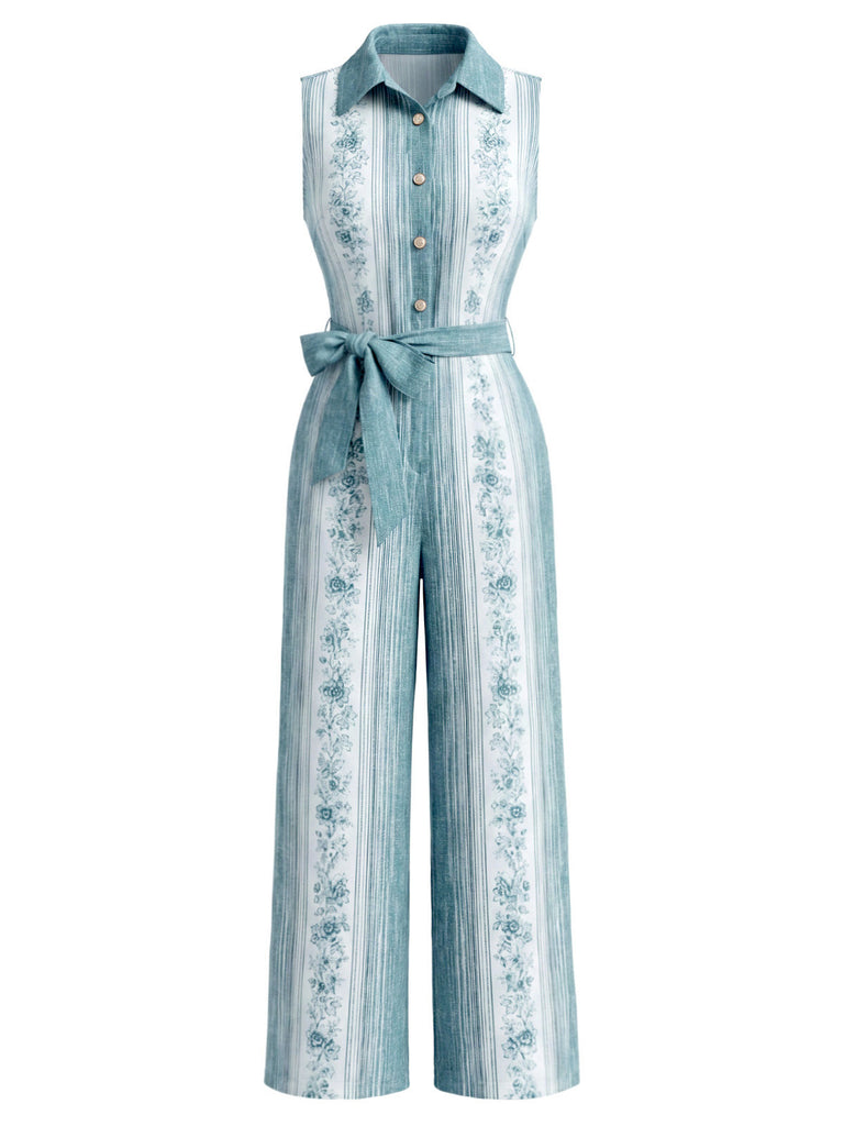 [Pre-Sale] Light Blue 1970s Vintage Floral Striped Jumpsuit 3