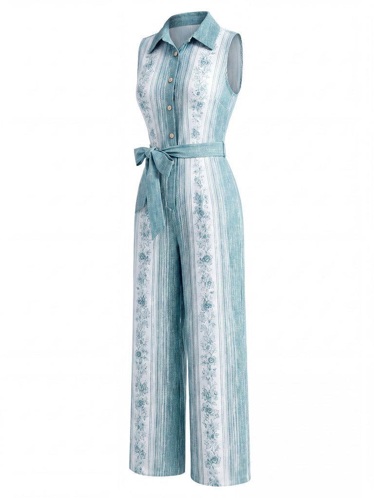 [Pre-Sale] Light Blue 1970s Vintage Floral Striped Jumpsuit 4
