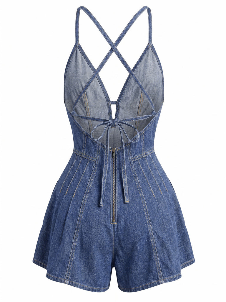 1950s Denim Tie Waist One Piece Romper 3