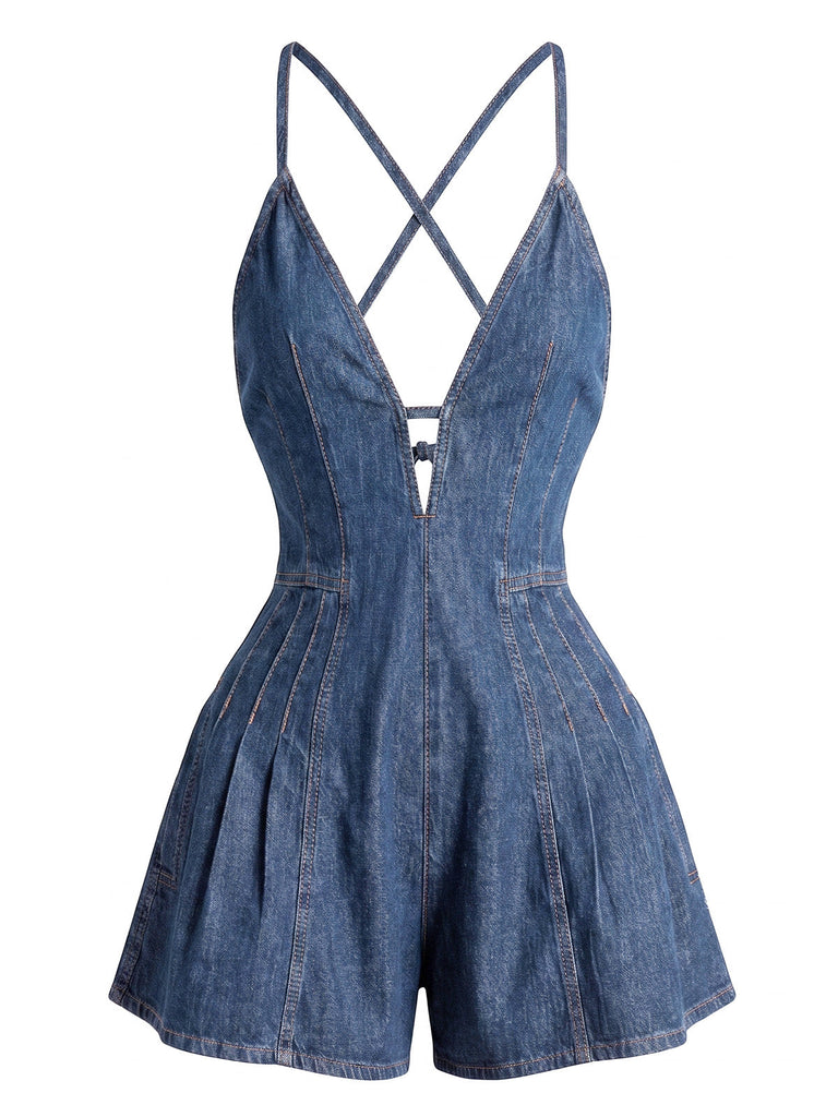 1950s Denim Tie Waist One Piece Romper 4
