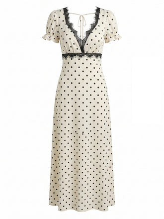 Apricot 1930s Polka Dot Lace V-Neck Dress