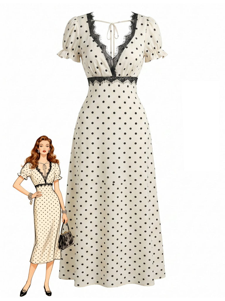 Beige 1930s Satin Polka Dot Lace V-Neck Dress