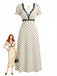 Beige 1930s Satin Polka Dot Lace V-Neck Dress