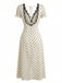Beige 1930s Satin Polka Dot Lace V-Neck Dress