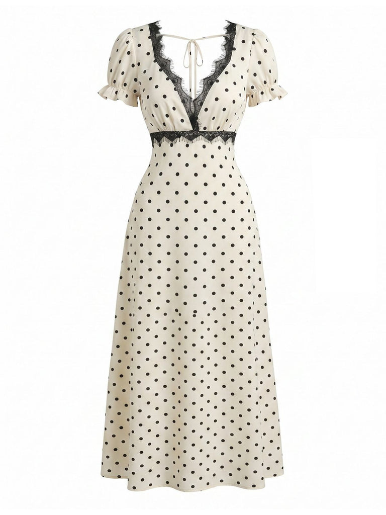 Beige 1930s Satin Polka Dot Lace V-Neck Dress