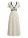 Beige 1930s Satin Polka Dot Lace V-Neck Dress