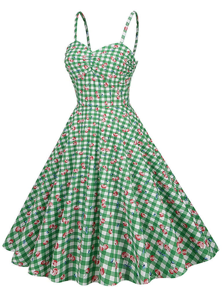 Green 1950s Gingham Cotton Cherry Spaghetti Strap Dress, vintage dress, retro fashion, rockabilly, pin-up fashion - perfect for women who love vintage and retro fashion