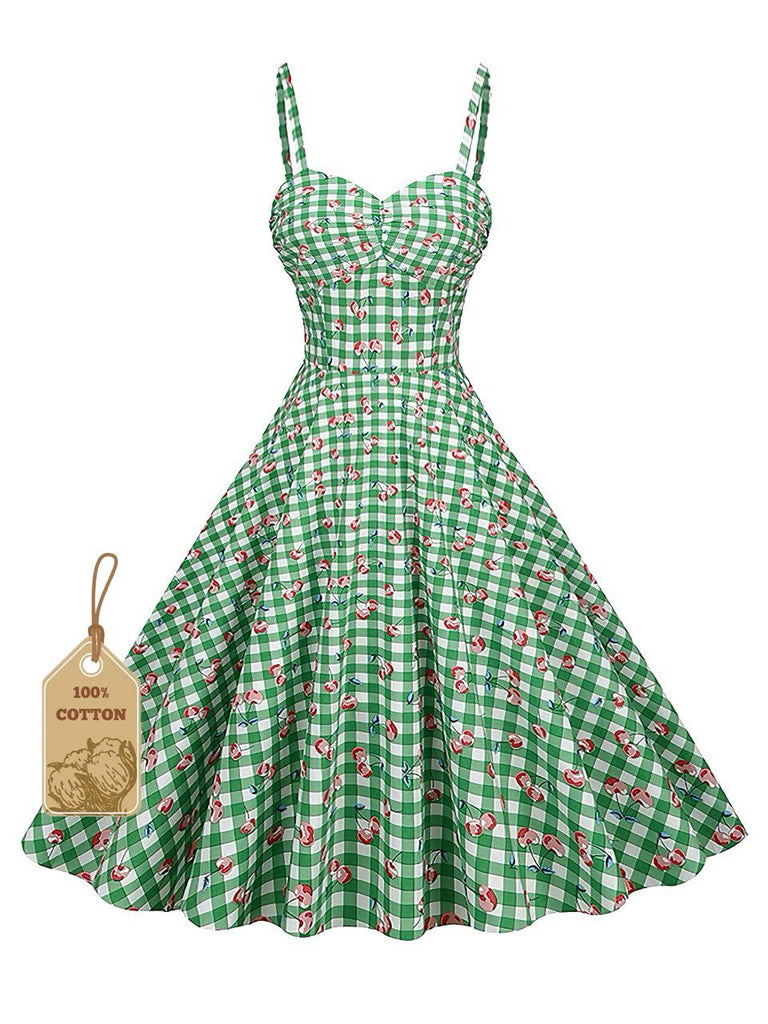 Green 1950s Gingham Cotton Cherry Spaghetti Strap Dress, vintage dress, retro fashion, rockabilly, pin-up fashion - perfect for women who love vintage and retro fashion