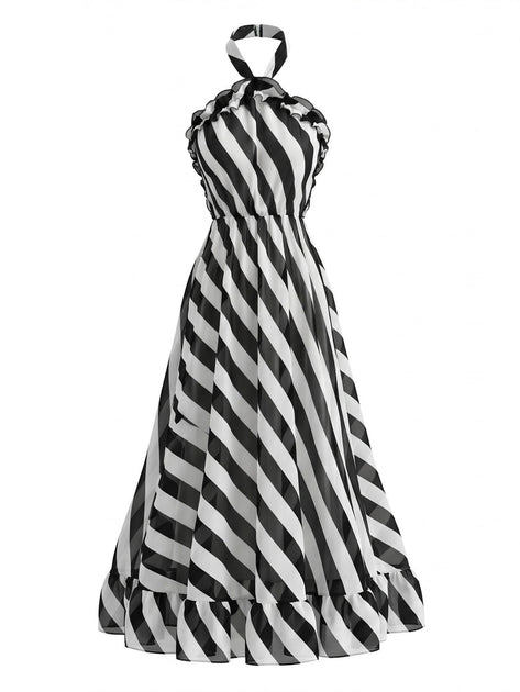 black white striped dress Black & White 1950s Striped Halter Dress