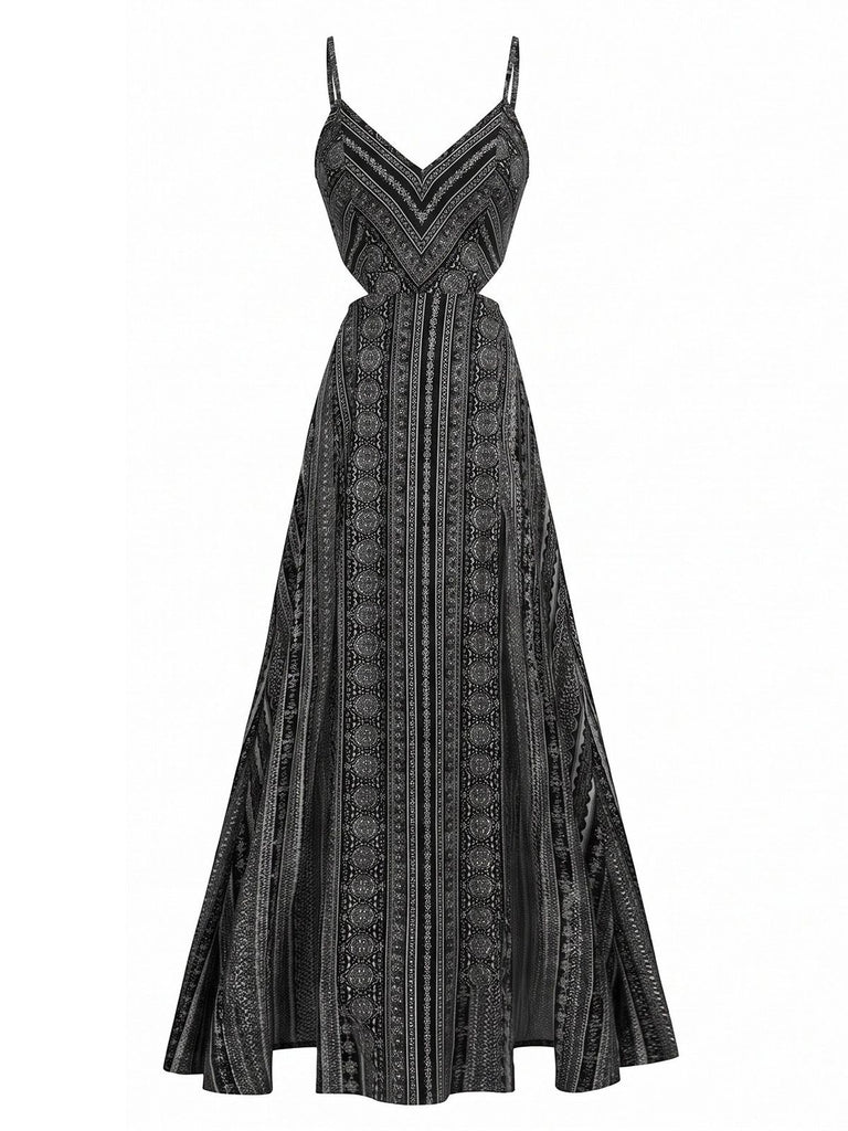 Black 1970s Boho Style Spaghetti Strap Maxi Dress