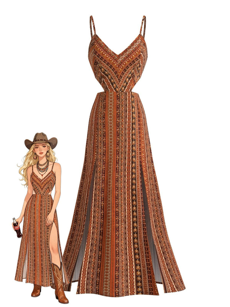 1970s Boho Style Spaghetti Strap Maxi Dress, vintage dress, retro fashion - perfect for women who love vintage and retro fashion