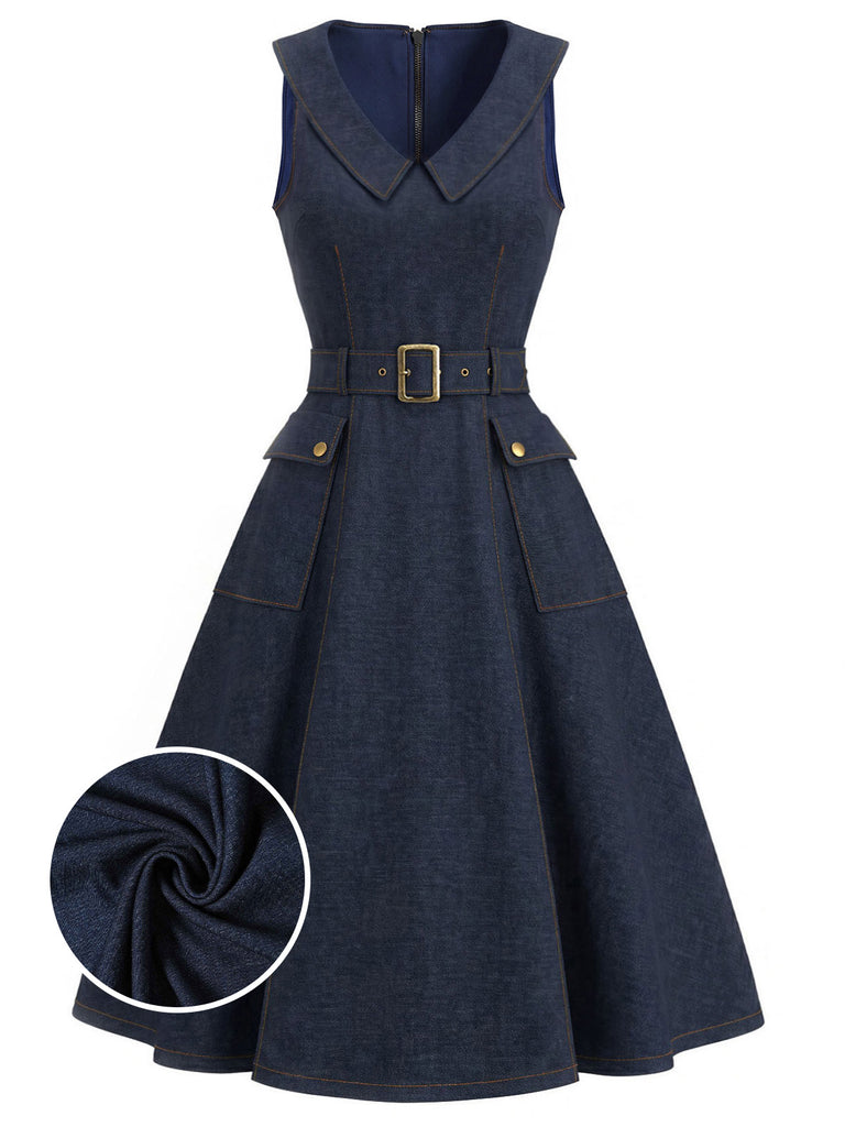 [Pre-Sale] Navy Blue 1950s V Neck Denim Dress