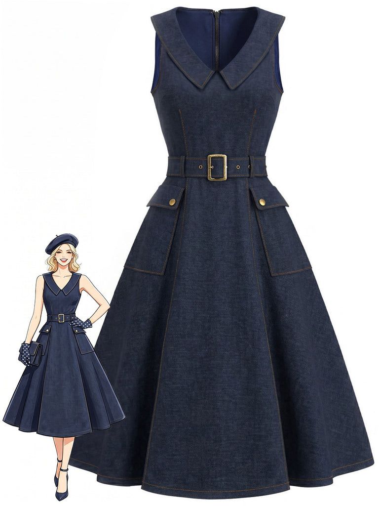 [Pre-Sale] Navy Blue 1950s V Neck Denim Dress 2