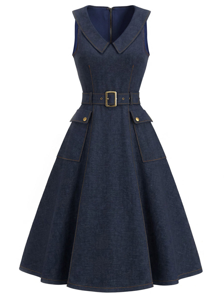 [Pre-Sale] Navy Blue 1950s V Neck Denim Dress 3