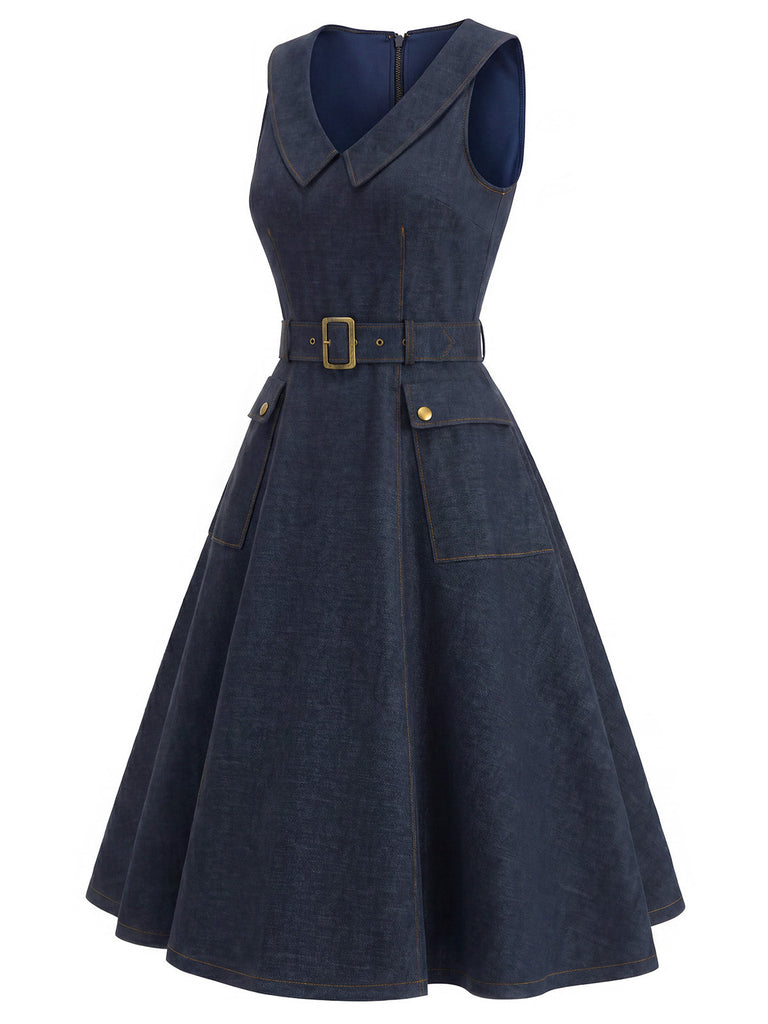 [Pre-Sale] Navy Blue 1950s V Neck Denim Dress 4