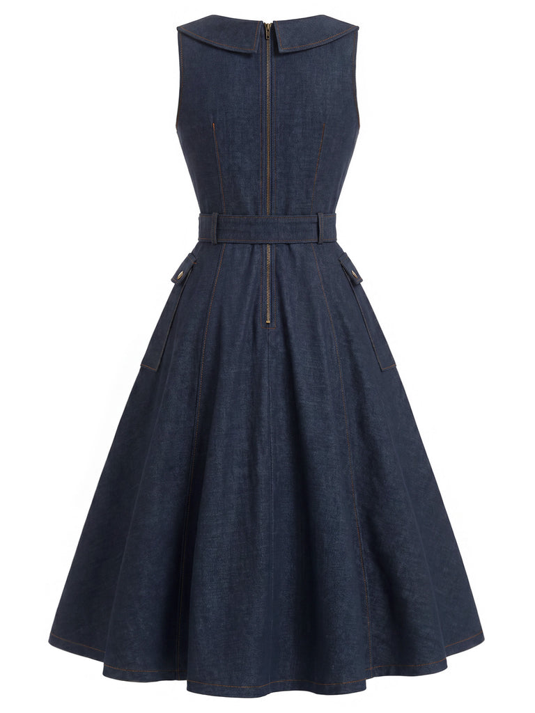 [Pre-Sale] Navy Blue 1950s V Neck Denim Dress 5