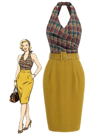 [Pre-Sale] 1960s Plaid Halter V Neck Dress 2