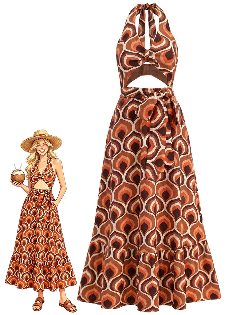 [Pre-Sale] 1970s Abstract Print Halter Deep V Cutout Maxi Dress, vintage dress, retro fashion - perfect for women who love vintage and retro fashion