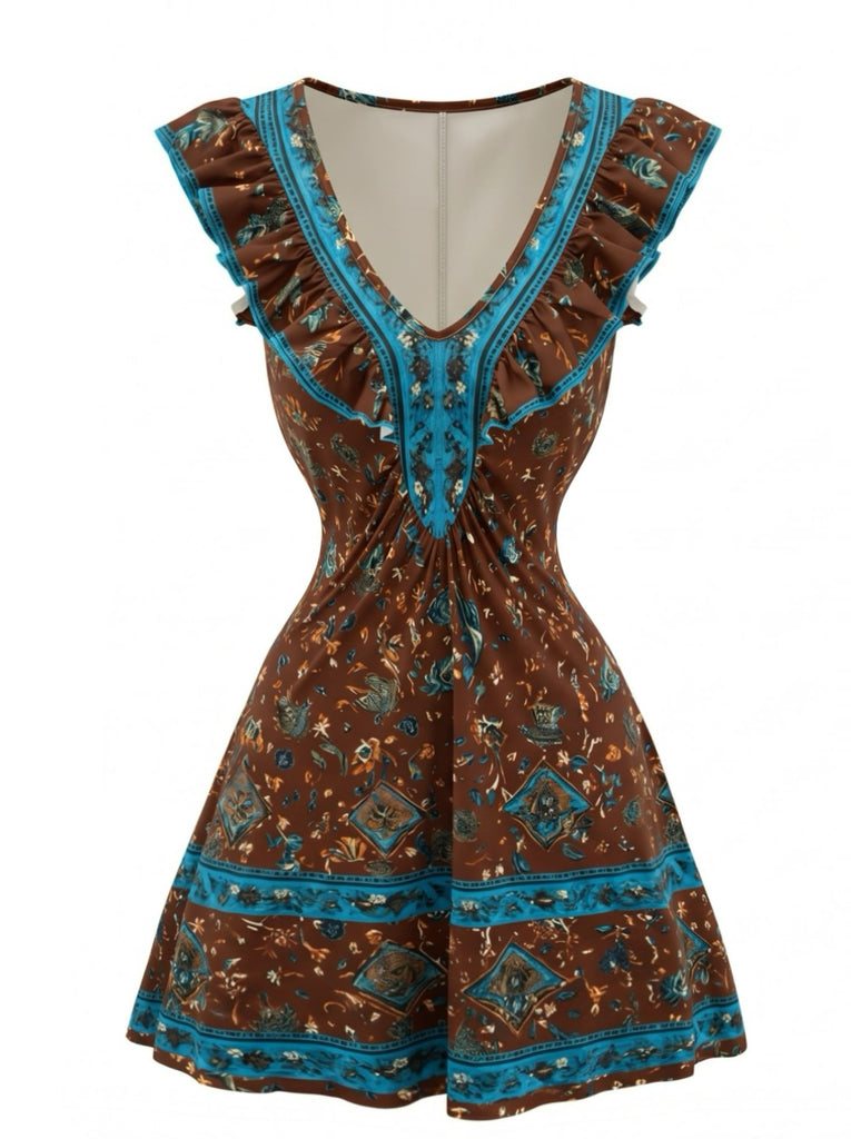 Dark Brown 1970s Floral V Neck Dress