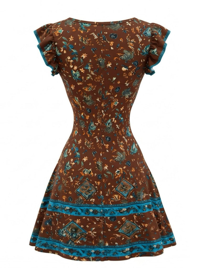 Dark Brown 1970s Floral V Neck Dress 2
