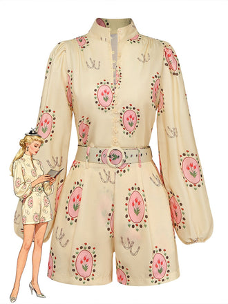 2PCS Ivory 1950s Tulip Floral Puff Sleeve Belted Shorts Set
