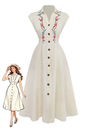 Beige 1940s Embroidered Floral Cap Sleeve Dress