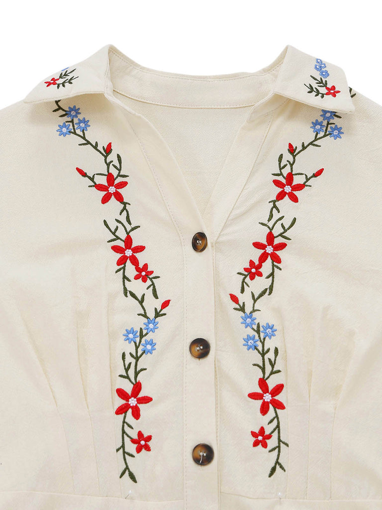 Beige 1940s Floral Puff Sleeve Midi Dress 5