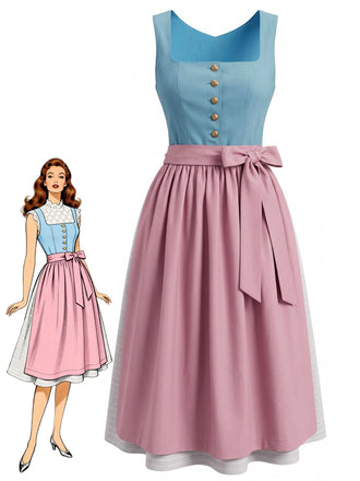 2PCS Blue 1950s Square Neck Sleeveless Dress & Pink Apron