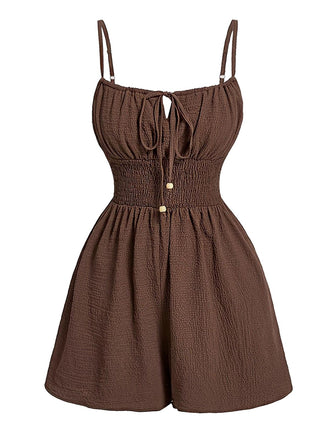 Brown 1950s Textured Spaghetti Strap Tie Front Romper, vintage romper, retro jumpsuit - perfect for women who love vintage and retro fashion