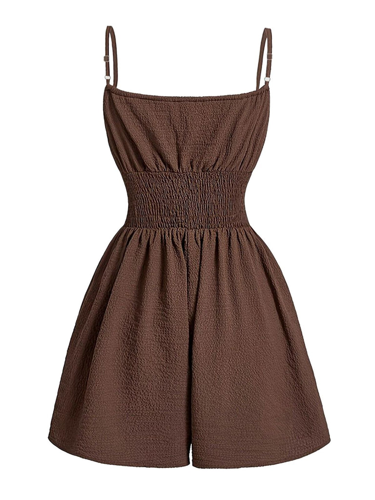 Brown 1950s Textured Spaghetti Strap Tie Front Romper, vintage romper, retro jumpsuit - perfect for women who love vintage and retro fashion