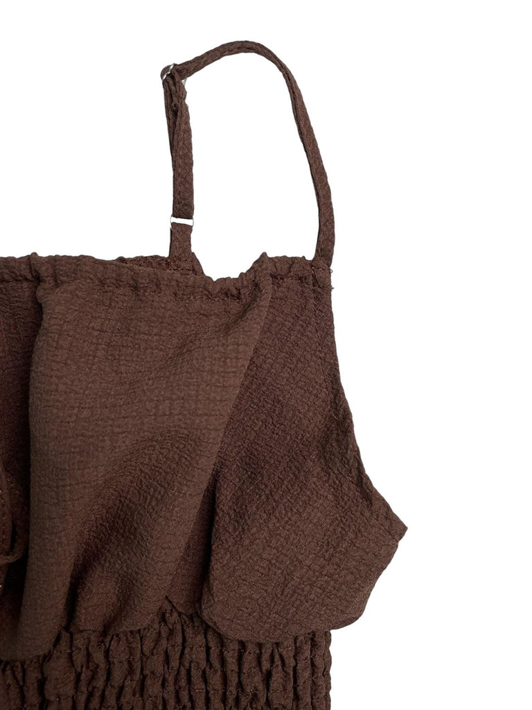Brown 1950s Textured Spaghetti Strap Tie Front Romper, vintage romper, retro jumpsuit - perfect for women who love vintage and retro fashion